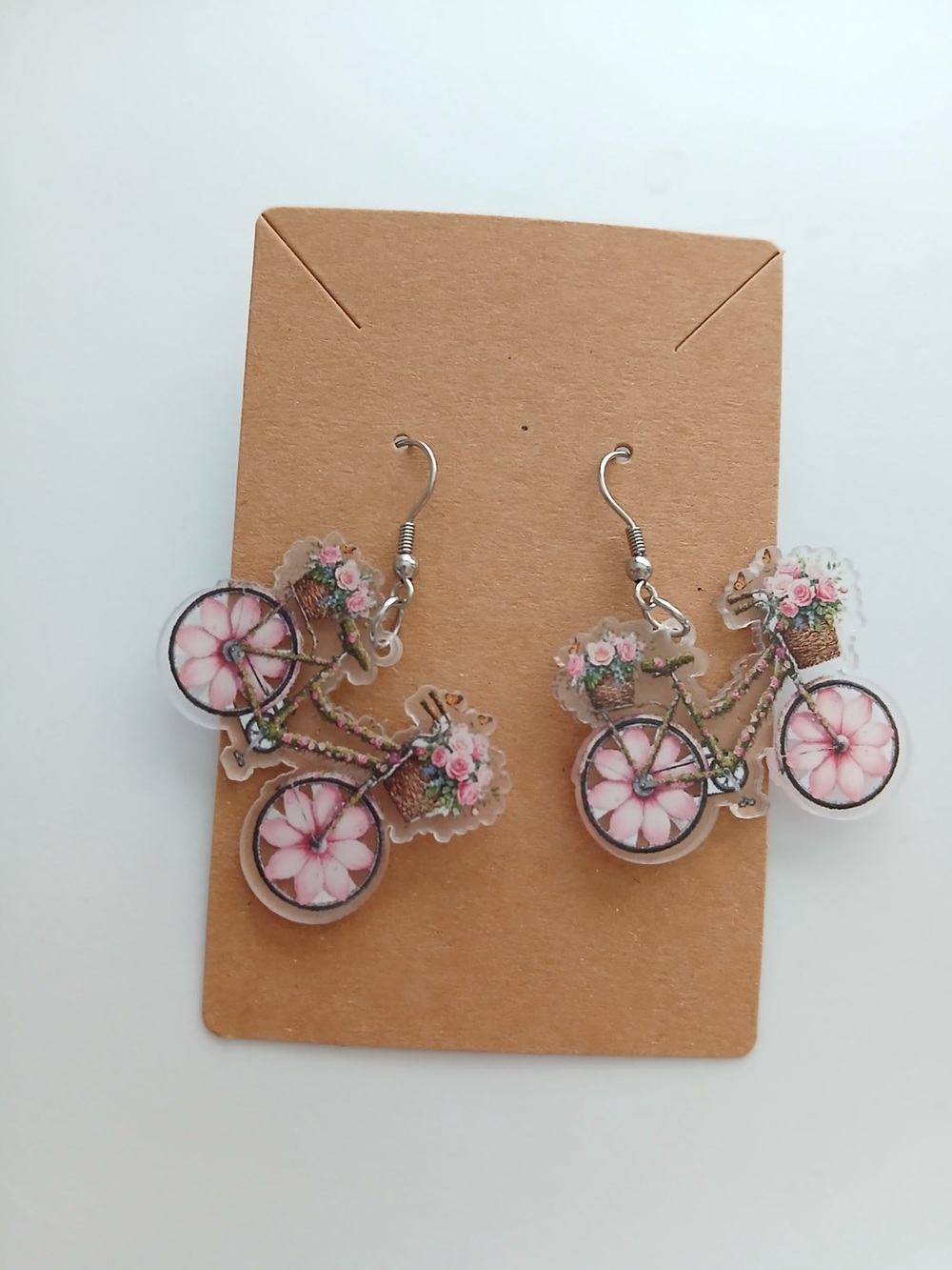Fashion Jewelry Pink Floral Bicycle Dangle Earrings